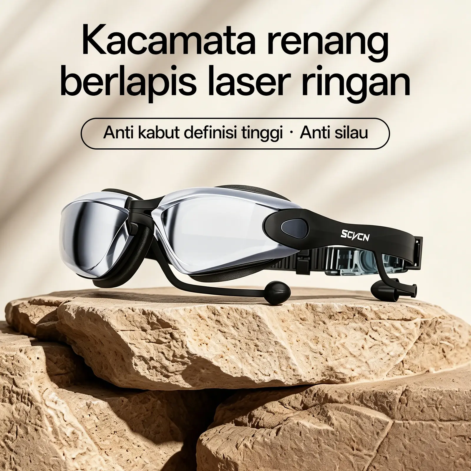 SCVCN Kacamata Renang Dewasa Lensa Hitam/Biru SYJ-2638 dengan Earplugs Silikon Nyaman dan Aman untuk Outdoor