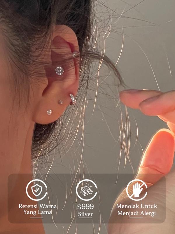 EAR PARTNER-999 SILVER Anting-anting perak murni untuk wanita dengan penjagaan lubang telinga, anting-anting dengan berlian, anting-anting tusuk yang elegan dengan perasaan tingkat tinggi, aksesori telinga untuk tidur tanpa dilepas. 2