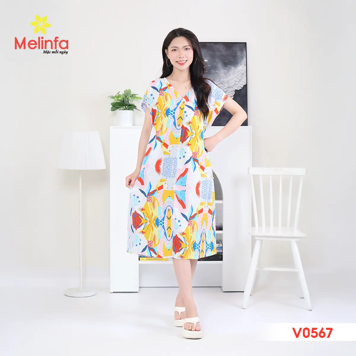Váy ngủ ngắn tay vải Viscose tự nhiên mềm mại thoáng mát, đầm mặc nhà mùa hè cổ V freesize rộng rãi mã VAV0222 Nữ Dress