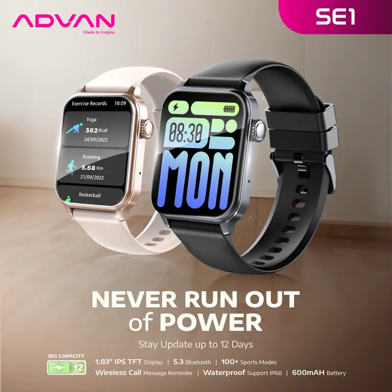 ADVAN Smartwatch SE1 AI Voice Assistant IPS 1.83” Wireless Bluetooth Call Waterproof IP68 600mAh Standby Time up to 30 Days