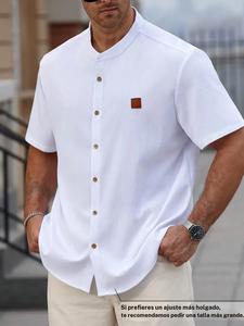 【 Talla grande 】 Camisa henley con botones de manga corta de color sólido, Top cómodo y transpirable informal de ajuste regular para el verano, ropa de talla grande para hombre para uso diario