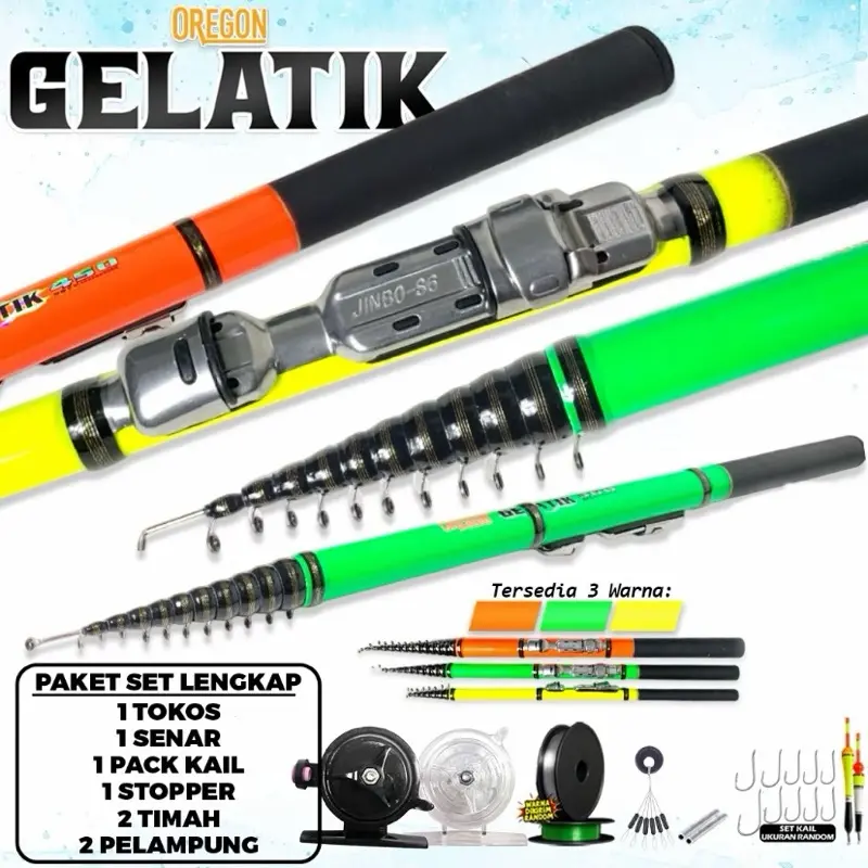 Set lengkap joran Pancing tegek OREGON GELATIK bahan fiber kuat sudah dapat Reel dengan accesorisnya 4