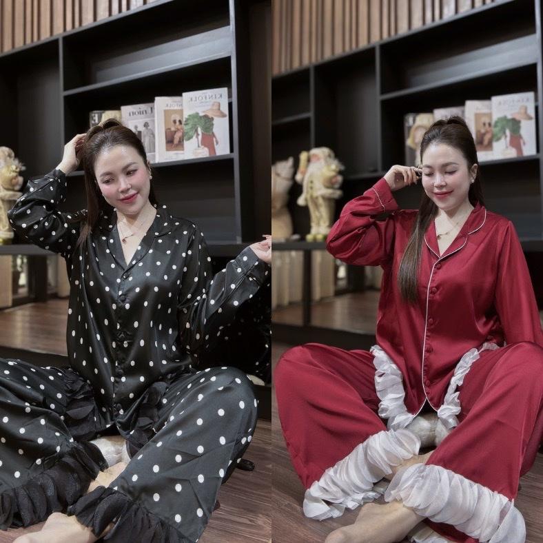 Đồ bộ tay dài nữ họa tiết trơn với chấm bi phối viền bèo xinh xắn chất liệu lụa latin mềm mát có size đến 80kg bộ ngủ thu đông