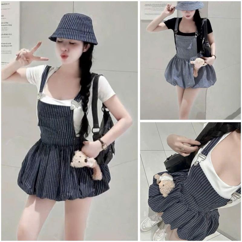 [ Tặng gấu] Set áo thun cộc tay mix váy yếm rời bồng bềnh phong cách hàn quốc KAZYDRESS_S297