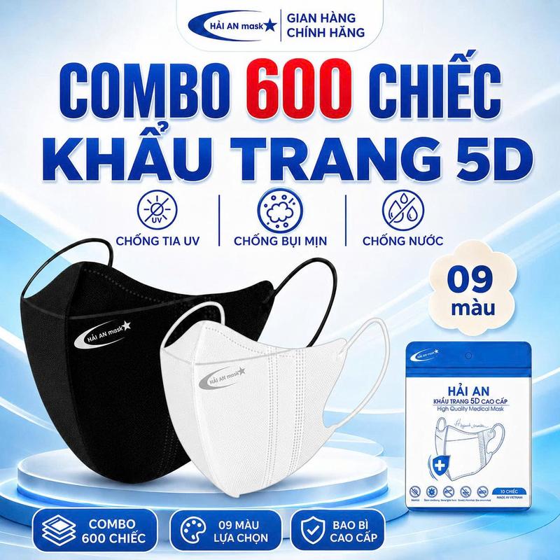 Khẩu Trang 5D HẢI AN MASK Chính Hãng 3 Lớp Dày Dặn, Kháng Khuẩn, Chống Ti