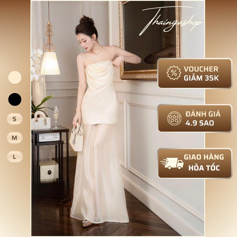 Đầm cúp dự tiệc phối xoắn kèm chân váy voan lụa mềm mại dài màu nude màu đen size S M L sang trọng Đầm lệch vai phối voan sang chảnh Đầm Lụa Phi Dự tiệc dạ hội đính đá