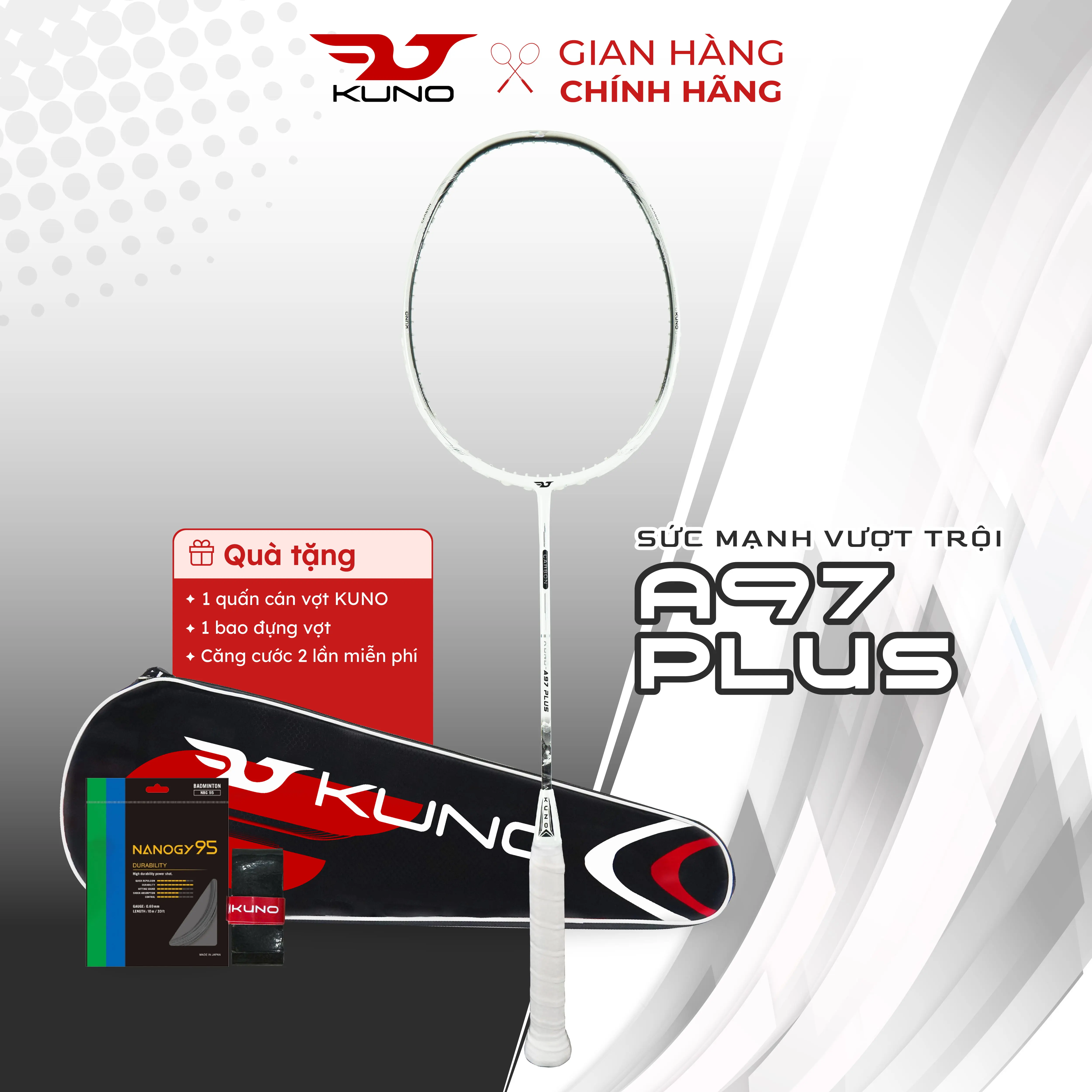 Vợt Cầu Lông KUNO A97 PLUS Chính Hãng Khung Carbon Công Thủ Toàn Diện 4U 82G Số Lượng 1 Cây, Căng Sẵn 10.5kg, Tặng 1 Quấn Cán, 1 Bao Vợt, 2 Lần Căng Cước Miễn Phí, Cán Vợt Sport Cacbon