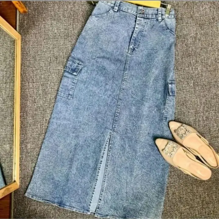 Rok Jeans Cargo Belah Depan Korean Style Melar Variasi Kantong Samping - Wanita Panjang 5