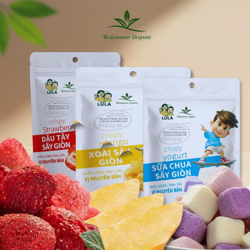 LIVE - COMBO 3 GÓI Dâu Tây Xoài Sữa Chua sấy giòn LULA 60gam gói + Xoài sấy giòn LULA 40gam gói + Sữa chua sấy giòn LULA 50gam gói