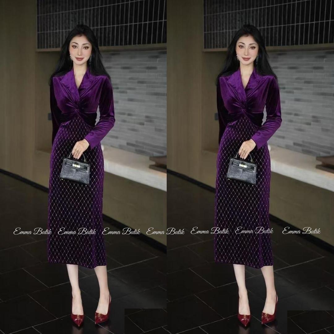 Emma.Butik E00629 Gaun Velvet Slimfit Body Midi Dress Pesta Mewah Kondangan Lengan Panjang Busui V-neck Formal Wanita Emma.Butik E00629 Gaun Velvet Slimfit Body Midi Dress Pesta Mewah Kondangan Lengan Panjang Busui V-neck Formal Wanita