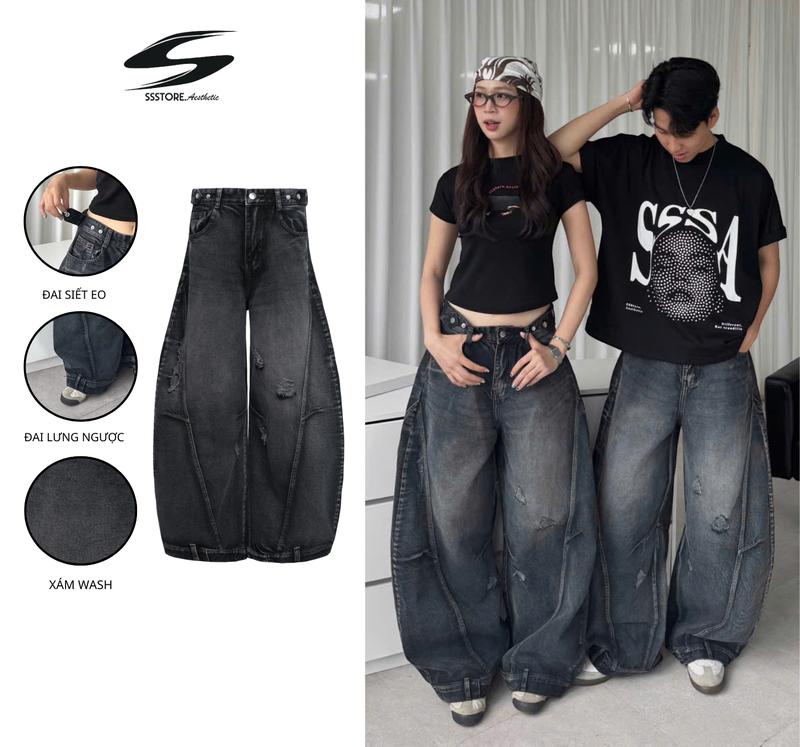 [SẢN PHẨM MỚI] Quần Jeans Ống Cong Wash PREMIUM Đứng Form - Đai Siết Eo | SSSTore.Aesthetic