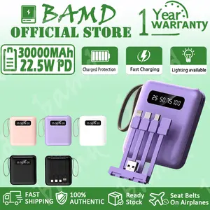 Powerbank 30000mAh Fast Charging Belt dengan 4 Kabel Data Detachable LED Center Display untuk Mudah Dibawa dan Aman untuk Penerbangan