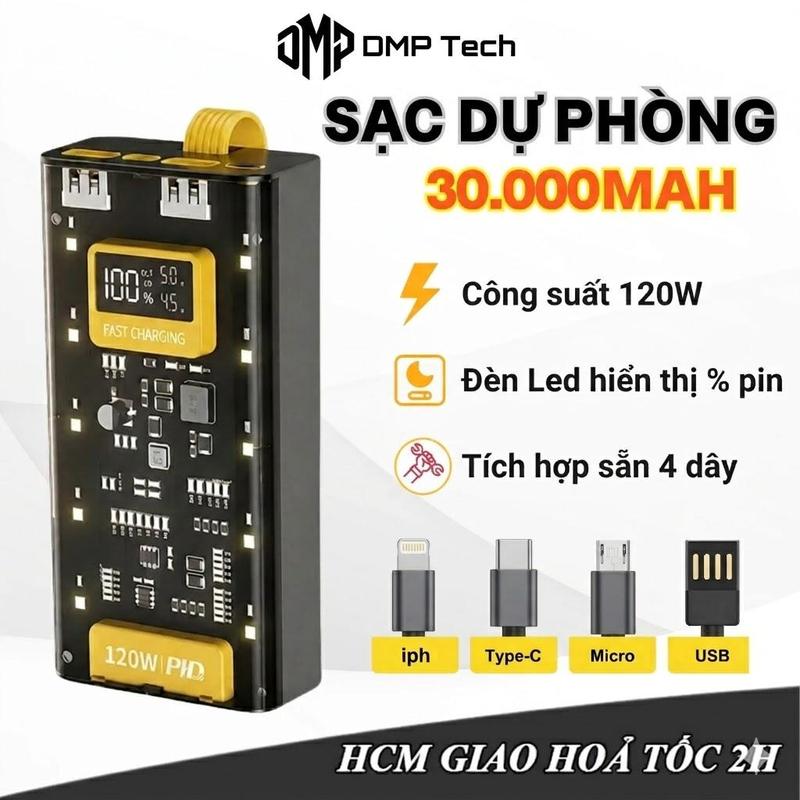 [DMP Tech] Sạc Dự Phòng Trong Suốt Dung Lượng 30.000mah Sạc Nhanh PD22.5W - Tích hợp 4 cáp sạc - 10 Đèn LED Chiếu Sáng DMP TECH