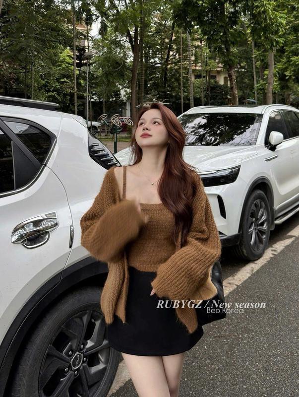 Set Áo Len 2 Dây Kèm Áo Khoác Len Dài Tay Set Len Lông Xù Nữ Mềm Mịn Co Giãn Tặng Kèm Túi Len Cùng Màu - LIING