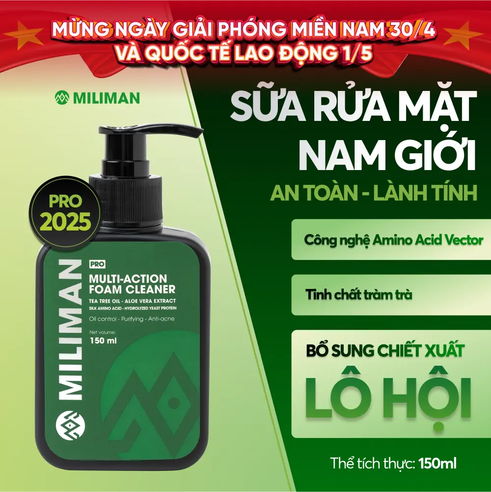 [ PRO ] Sữa Rửa Mặt Nam Công Nghệ Amino Acid Vector MILIMAN 150ML - Phiên Bản PRO 2025 Bổ Sung Chiết Xuất Lô Hội Tốt Cho Skincare Da Dầu Mụn  | Mua 2 Chai Tặng Gel Dưỡng Đêm Fullsize 50ML