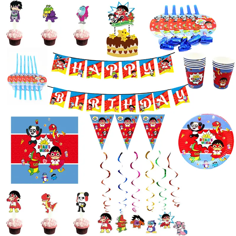 Party World Ryan's Decoration Tableware Paper Cup Plate Birthday Kids Banners