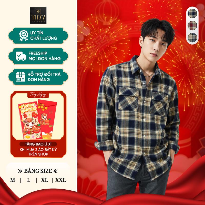Áo Sơ Mi Flannel 7 Màu Kẻ Caro Dày Dặn Tay Dài Phối 2 Túi – Form Rộng Unisex Nam Phong Cách Hàn Quốc – Chất Liệu Dạ Mềm Co Giãn Nhẹ - TH77 Luxury