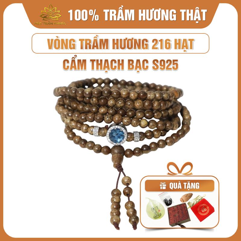 MTH Vòng Tay Trầm Hương Chuỗi Tràng 216 Hạt 4mm Mix Charm Bạc S925 Cẩm Thạch Mộc Trầm Hương - Vòng Trầm Tốc Việt Đủ Size Nam Nữ Phụ Kiện Hộp Gấm Túi Gấm Lá Bồ Đề Nụ Trầm Dây Xâu - Đeo Tay