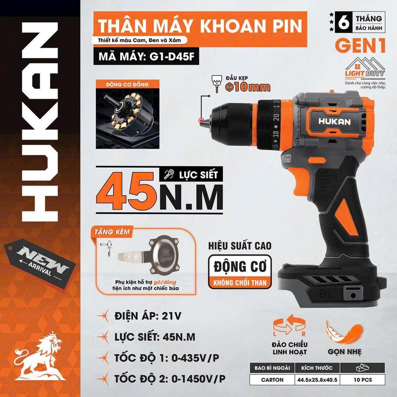 Thân máy khoan 10mm Hukan G1-D45F,Lực siết 45N.M,Động cơ không chổi than,Chân Pin phổ thông M21