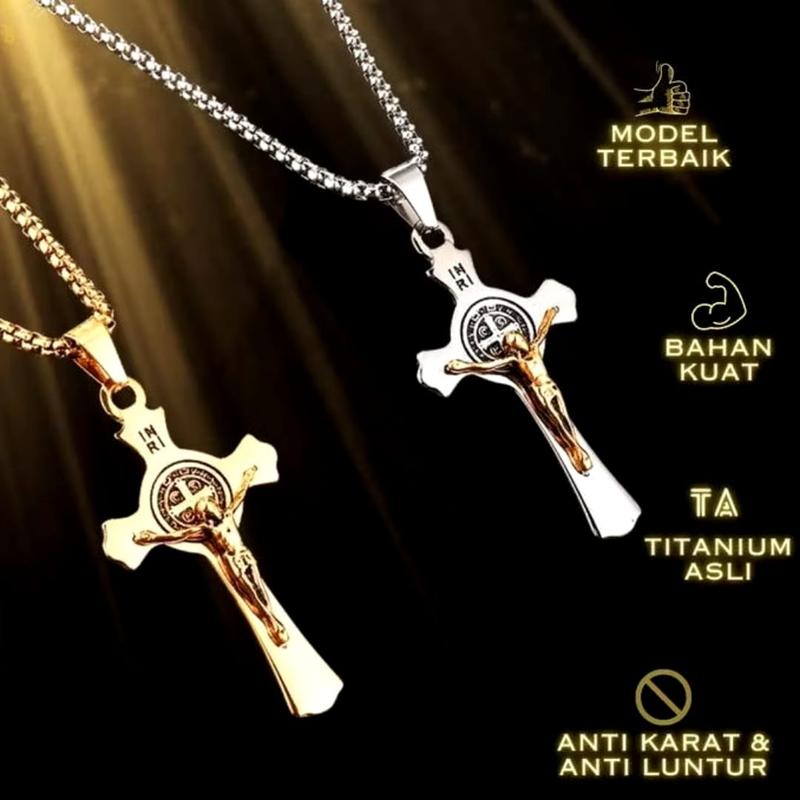 Kalung Salib Katolik St Santo Benediktus Titanium Kalung Doa Perlindungan Kedamaian Aksesoris Elegan 0