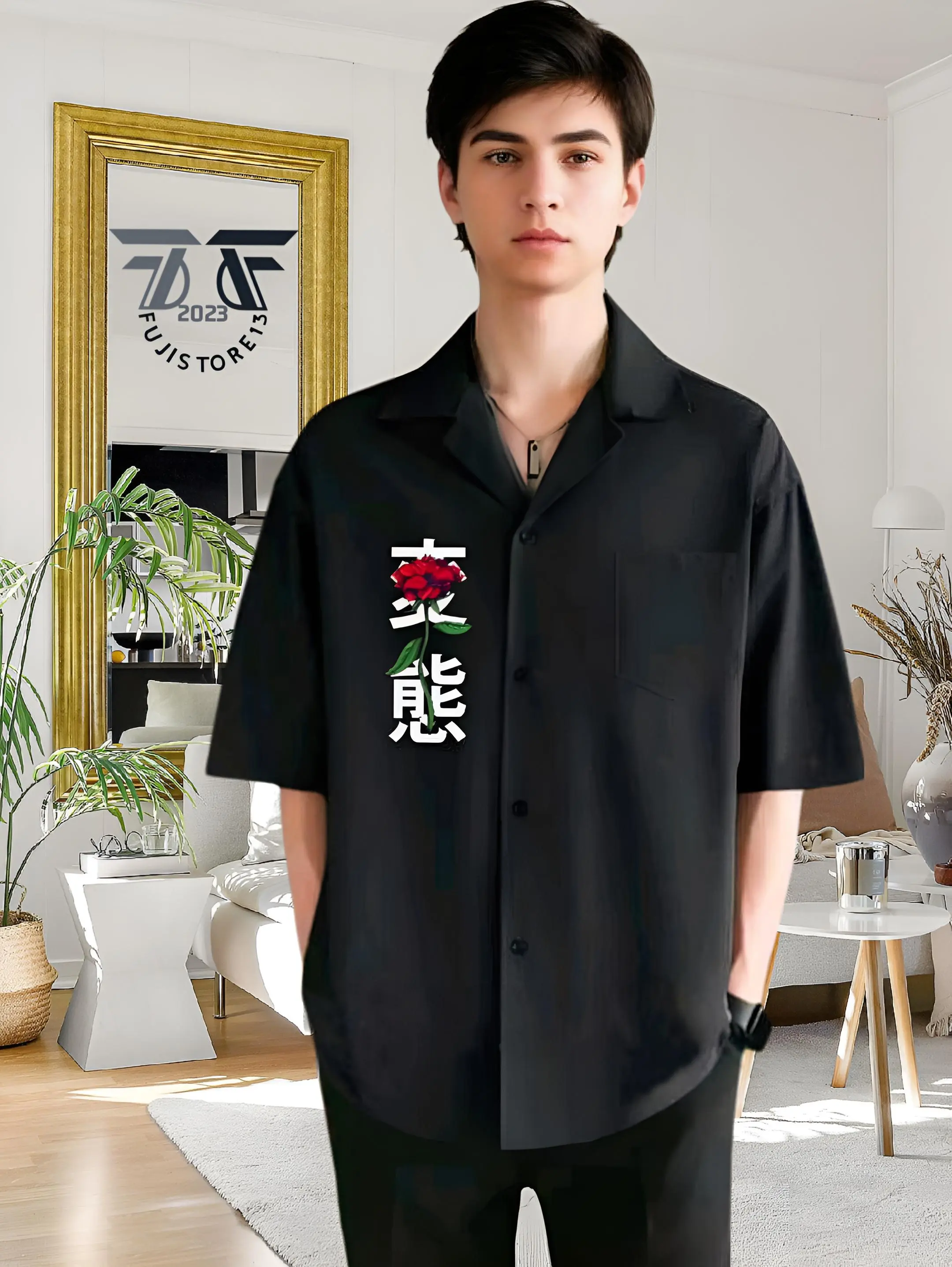 Kemeja Vintage Pria Lengan Pendek Polos Motif Japan Roses Korean Style Bahan Katun - Kemeja Kerah Piyama