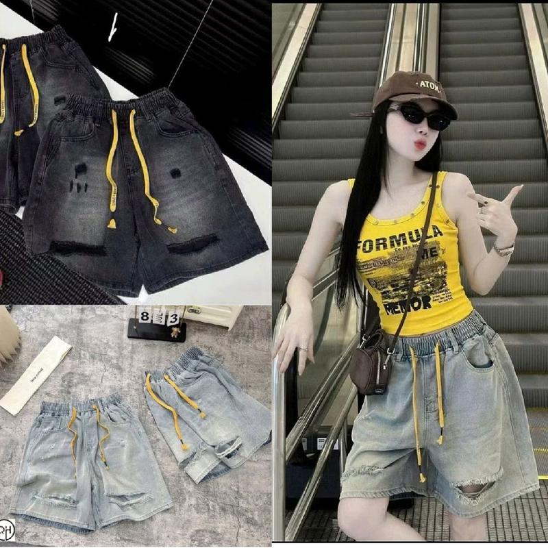 [ 38-95Kg ] Quần Ngố Jean Nữ Bò Thổ Rách To Mặc Lên Cá Tính Năng Động Phong Cách Độc Đáo Với Dây Rút Vàng,  Hàng Bigsize