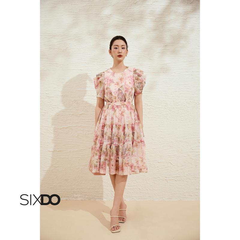 Đầm tơ organza hồng họa tiết hoa SIXDO Light Pink Floral Organza Flared Dress