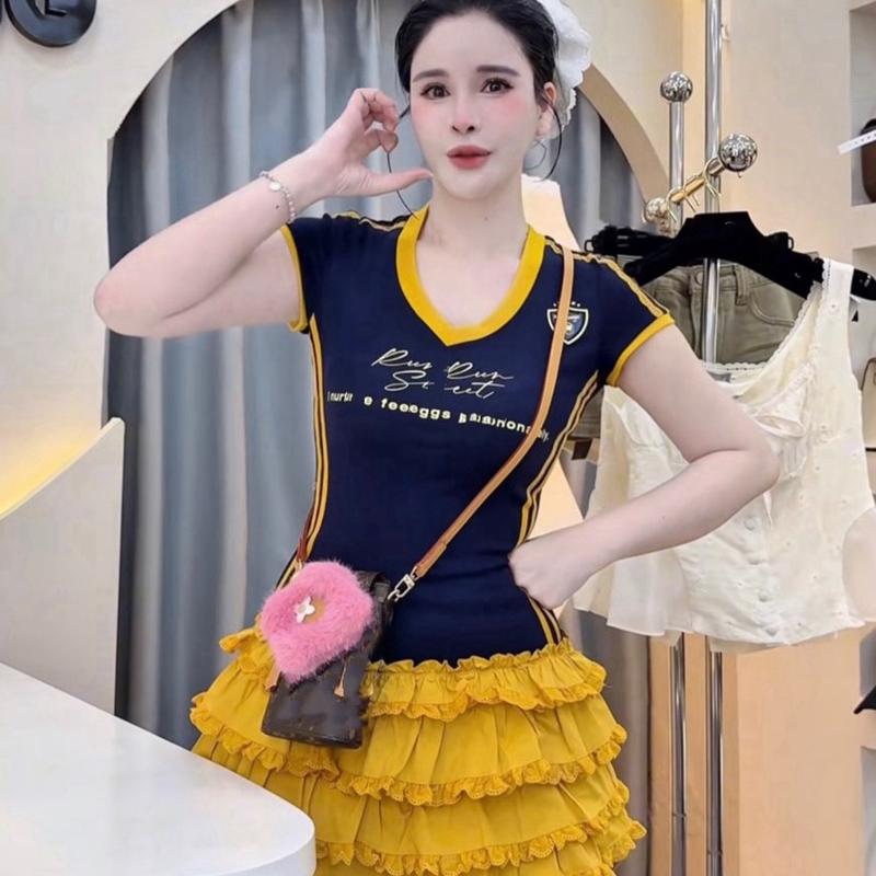 Váy Nữ thun tăm liền thân cổ V chạy viền sọc chân bồng xoè chất liệu thô mềm MS205