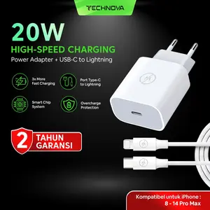 Technova Charger Untuk iPhone 11 12 13 14 Pro Max (PD 20W) Kabel C to Lightning Charger Charger iPhone Fast Charging Adaptor Cable