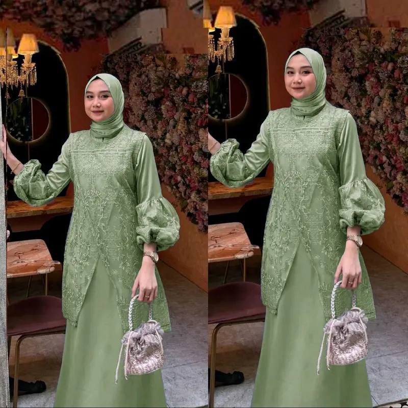 Gamis Farah / Maxi brukat / Muslim Wanita  Tile  Mutiara  Dress   Karet  Pesta  Mewah  Dalaman  Fit UK L DAN XL Kondangan Coklat Brokat Gaun 7