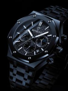 Reloj cronógrafo automático multifuncional, reloj de pulsera de lujo para hombre, de acero inoxidable, cuarzo, calendario, manecillas y marcadores luminosos