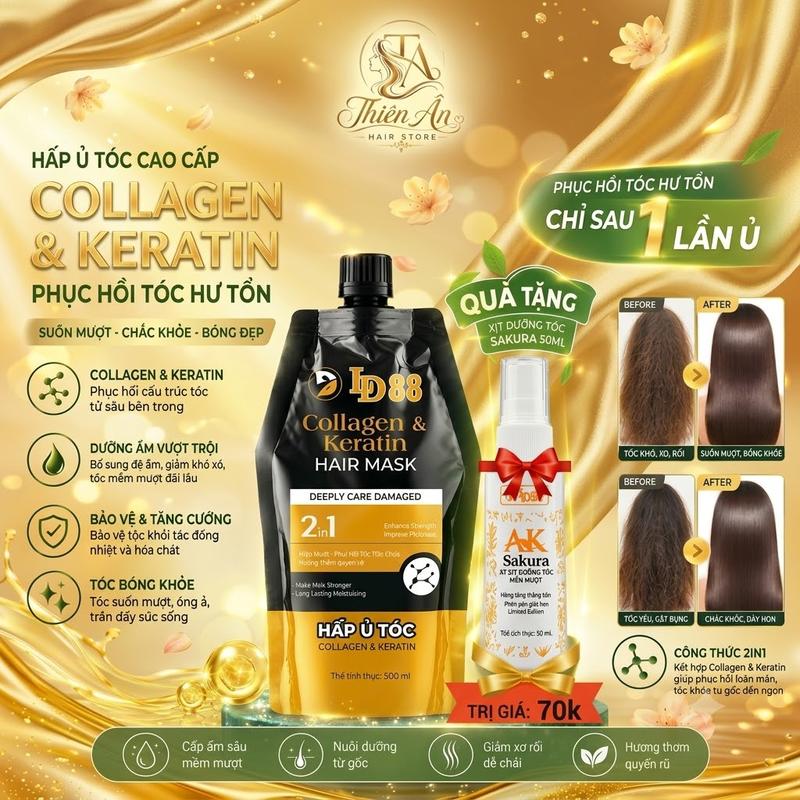 Combo Dầu Hấp Tóc LD88 Collagen & Keratin 500ml Tặng Xịt Dưỡng Tóc 50ml - Phục Hồi Tóc Hư Tổn, Bổ Sung Keratin, Mềm Mượt & Bóng Khỏe.