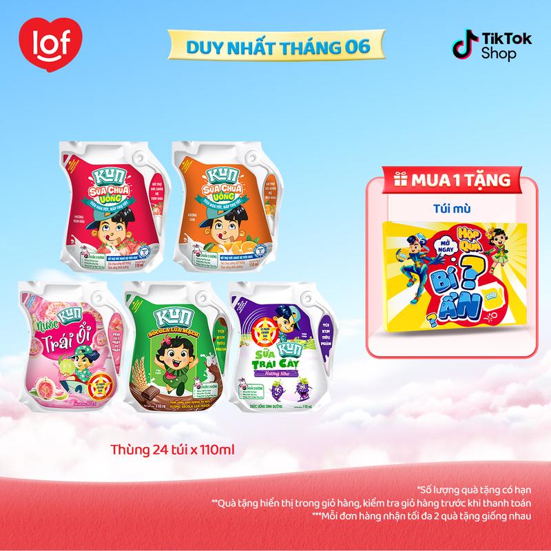 [Mua nhiều giảm nhiều] Kun Sữa chua uống dạng túi chọn vị: dâu, cam, socola lúa mạch, nho, ổi (thùng 24 túi x 110ml)-LS2