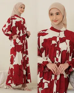 Leony Dress Rayon Gamis Motif Terbaru Lengan Balon Kancing Aktif Busui Friendly Bahan Premium Viscose Katun Panjang 138cm Nyaman untuk Muslim Wanita