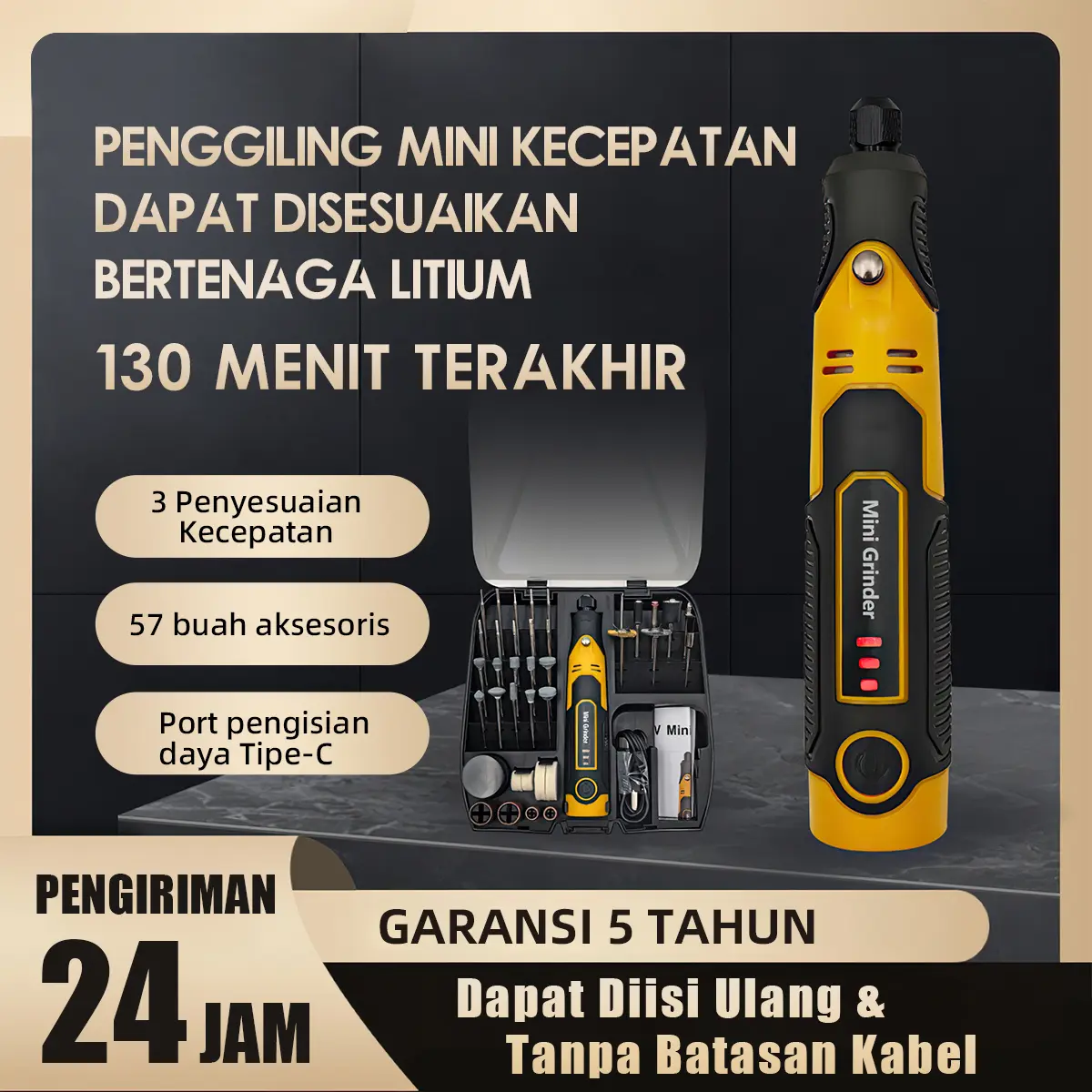 【Gajian sale  & 8.8】SOARFLY Mini Grinder Mini Gerinda Mini Bor Set 57Pcs  3 gigipenyesuaian 16000r/mnt mesin ukiran poles gergaji listrikalat ukiran Motor Baterai