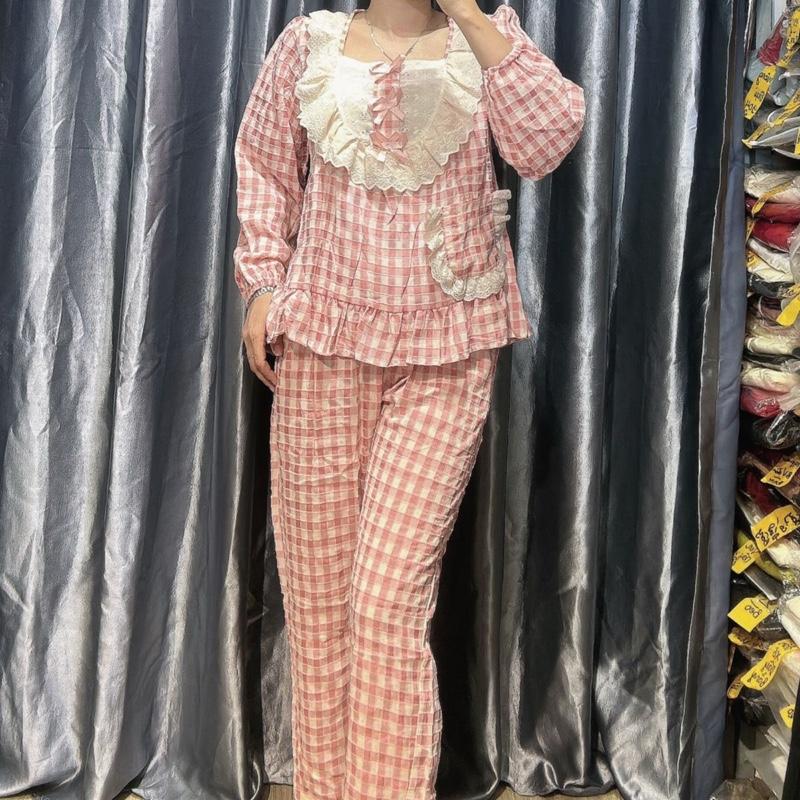 Bộ đũi caro tiểu thư babydoll, bộ mặc nhà dễ thương (40-55kg) quần có túi 5