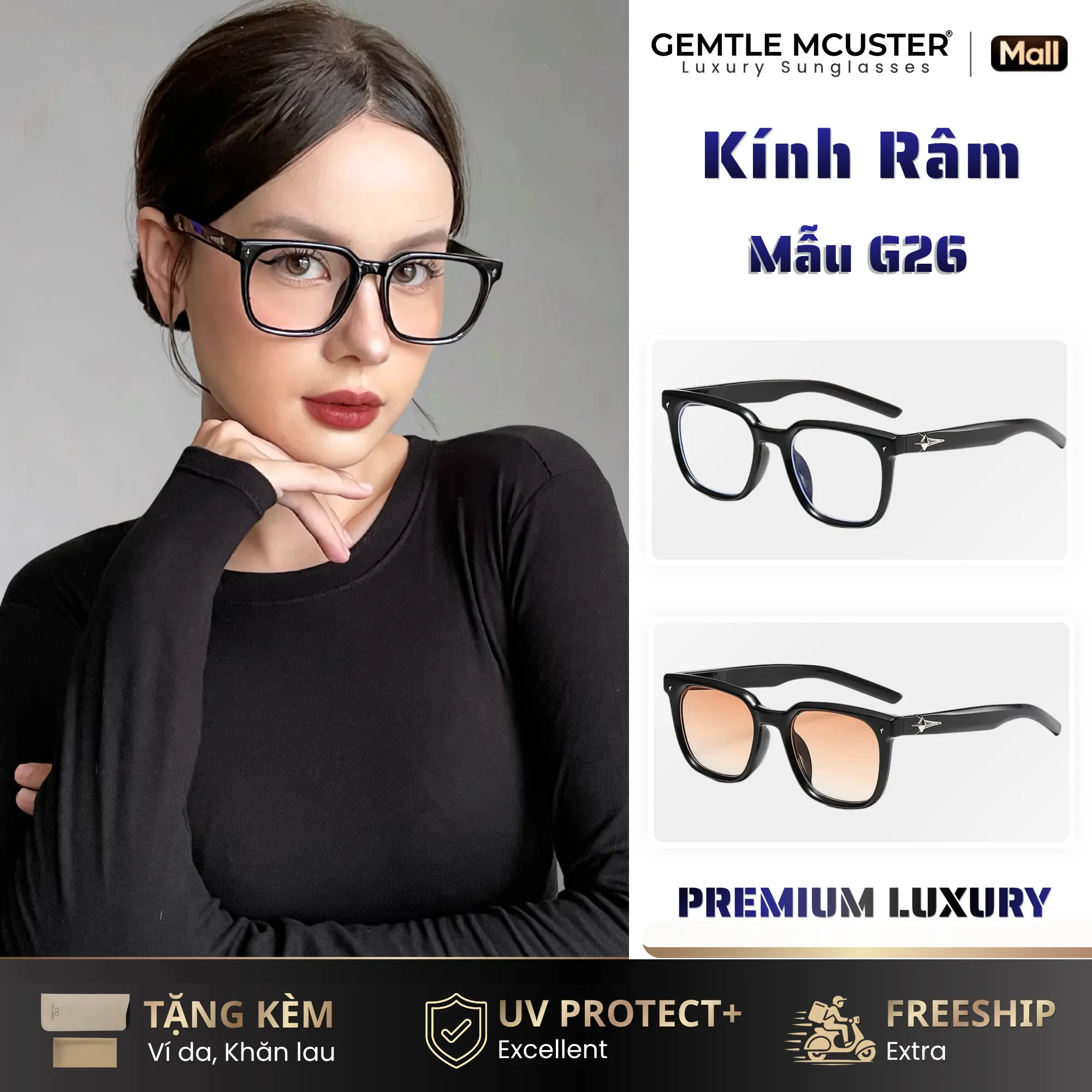 【GEMTLE MCUSTER】Kính Râm Nam Nữ Cao Cấp Phong Cách Đường Phố Chống Tia UV UV400 G26 Khung PC & Kim Loại Ống Kính P C Kích Thước 144mm x 53mm x 49mm Unisex Thời Trang
