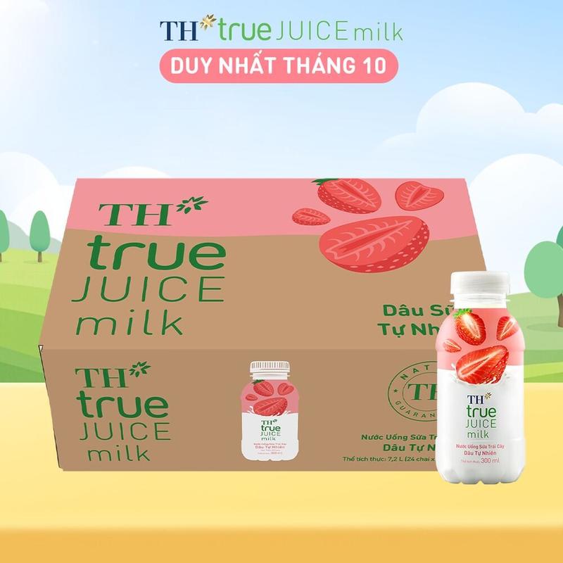 Thùng 24 chai nước uống sữa trái cây TH true JUICE milk dâu tự nhiên 300 ml (300 ml x 24)