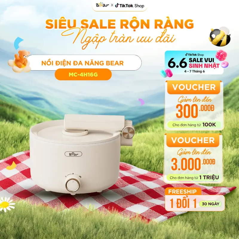Nồi Lẩu Điện Đa Năng BEAR, Nồi Điện Nồi Đa Năng, Nồi Lẩu Điện Mini Sôi Nhanh Tiết Kiệm Thời Gian Thiết Kế Tay Cầm Gấp Gọn Tiện Lợi Chống Dính Dễ Vệ Sinh MC-4H16G 0
