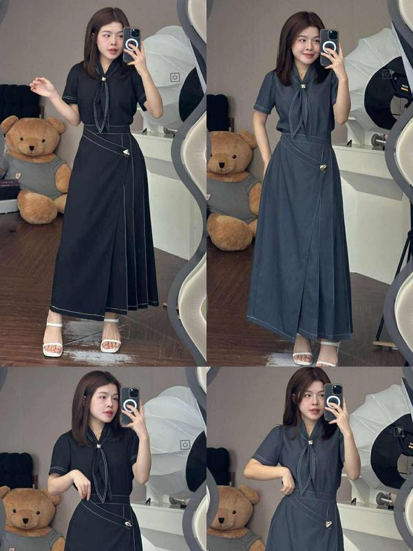 T215( CHẤT TRUNG BÌNH) set váy cà vạt viền trắng phối họa tiết