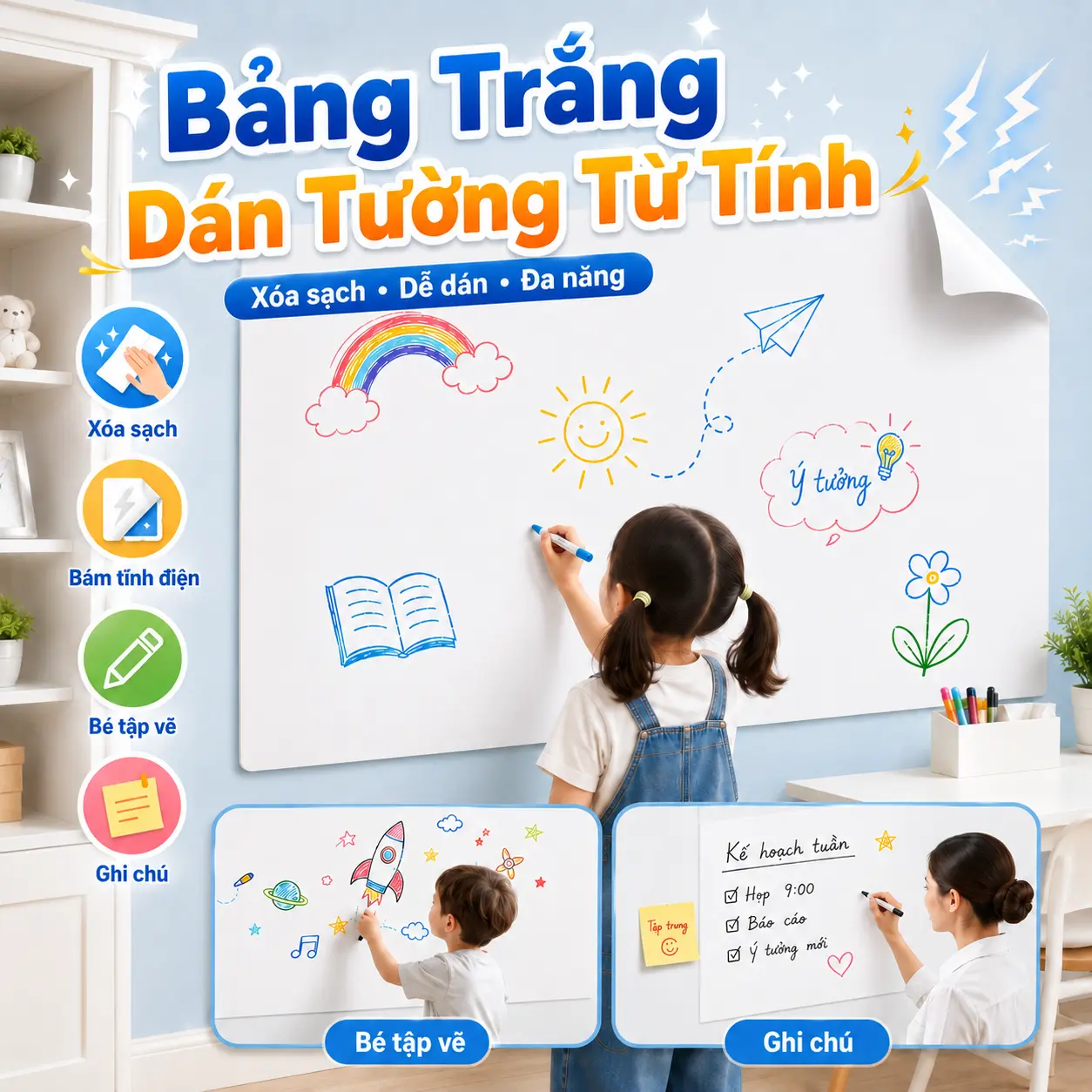Bảng Trắng Dán Tường Không Dùng Keo, Bảng Học Tập, Họp Văn Phòng, Không Hại Tường, Dễ Di Chuyển