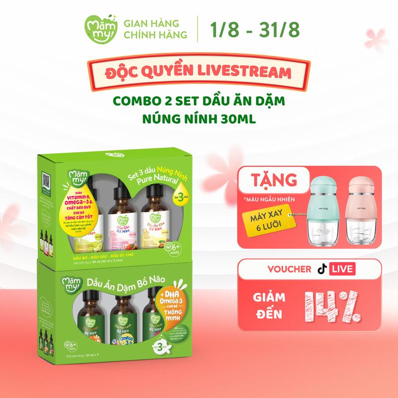 [KOC] Combo 2 Set 3 Dầu Ăn Dặm MĂMMY (Cá Hồi, Hạt Lanh, Olive) Và Dầu Núng Nính (Bơ, Óc Chó, Gấc Đỏ) Bổ Sung DHA, Omega Giúp Cho Bé Từ 6 Tháng Phát Triển Trí Não, Chai 30ml [MX]