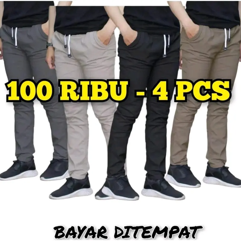 Celana Panjang Cinos Dewasa 4 Pcs - Pinggang Melar, Slimfit Casual Hitam, Cocok untuk Kerja Pria/Cewek Chino Formal Kantor Skinny Cowok Stretch Katun 0