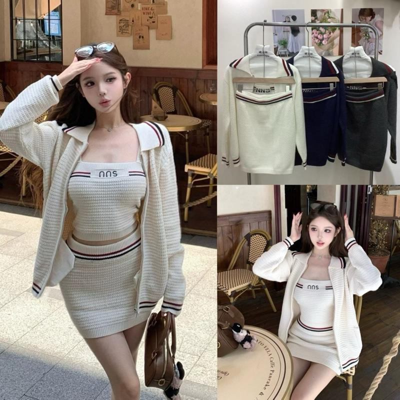    Hàng QCCC L1  Order 7- 10 Ngày   Set Len NNS 3 Chi Tiết Áo Hai Dây Crop Mix Chân Váy Kẻ Khoác Khoá Kéo Cổ Bẻ Hoạ Tiết Sọc 3 Màu Cá Tính Dành Cho Nữ By DiepGZ6925 
