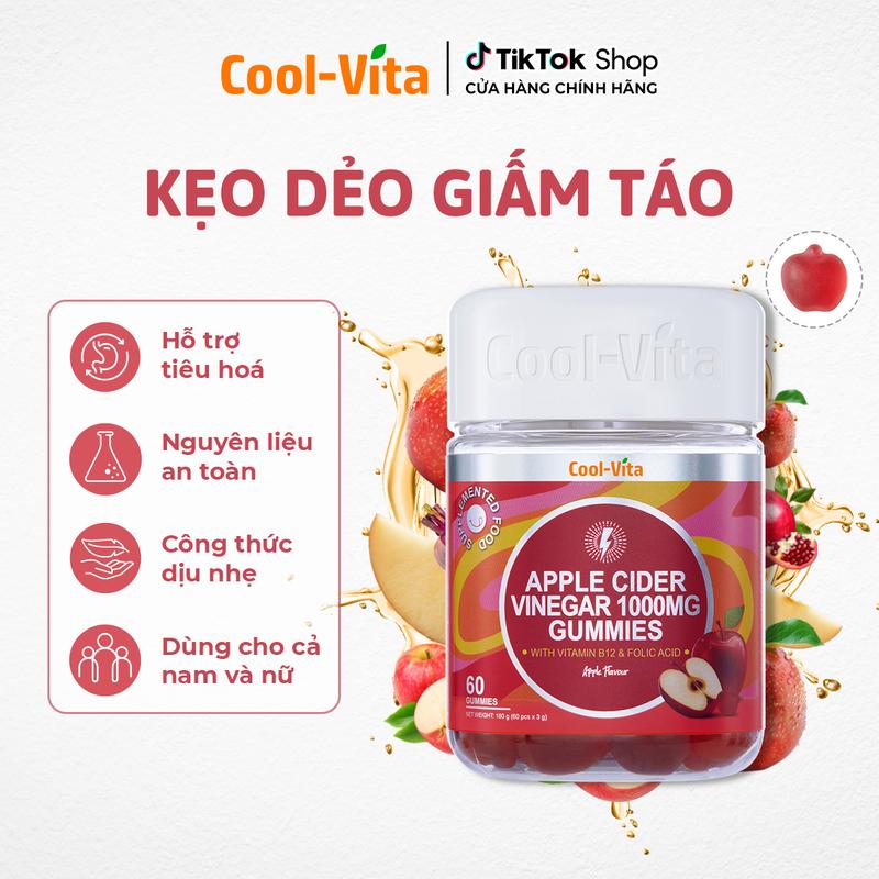 A Kẹo Dẻo Giấm Táo Hỗ Trợ Tiêu Hóa Hỗ Trợ Tăng Cường Miễn Dịch Bổ sung Vitamin B12 Apple Cider Vinegar Gummy Coolvita 60 viên x 3g hộp