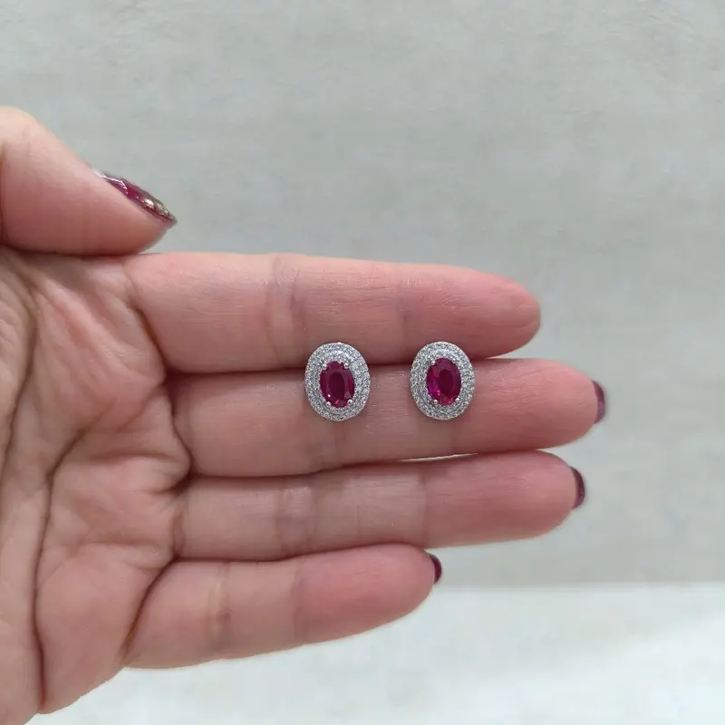 (S925) Anting tusuk RUBY model oval 2baris permata bahan Silver 0