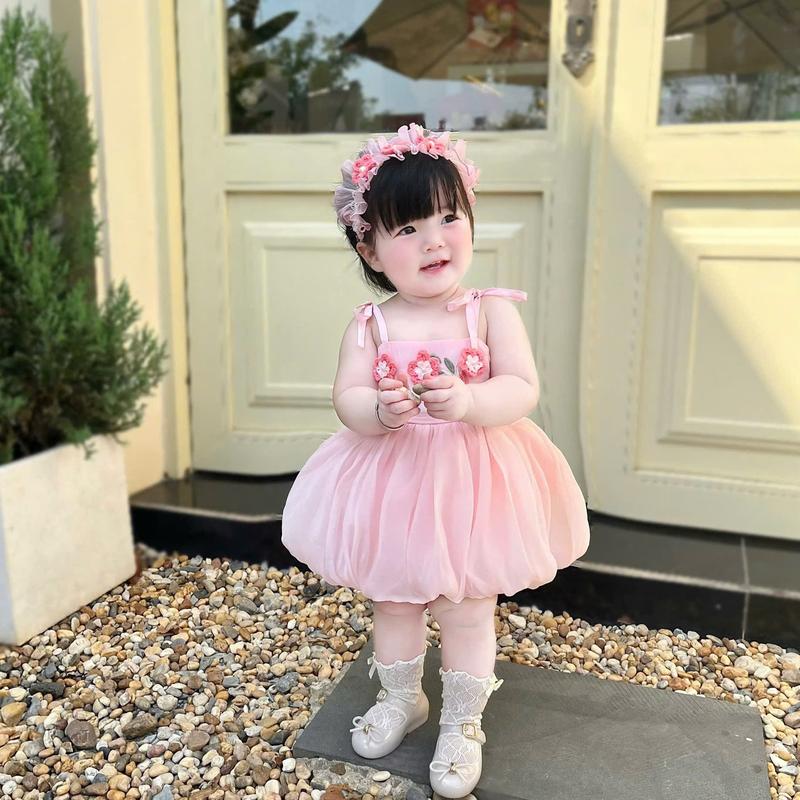  Form Nhỏ  Kèm Tuban Hoa Body Váy Bí Hồng 2S Đính Hoa Handmade 3-11 Kg,Đồ Liền Thân Cho Bé Gái Đầy tháng Sinh Nhật Chất Tơ Xốp Mềm 