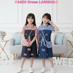 MIDI Dress LARISHA Jeans Salur Viral Farian + Free Belt Fashion Anak Perempuan 3-10 Tahun Model Pita Kupu - kupu Fashion Korean Style Bahan Jeans Mix Katun Salur Free Belt Anak Perempuan Import Jeans Wash Usia 3-10 Tahun Kombinasi jins Baju Anak Perempuan