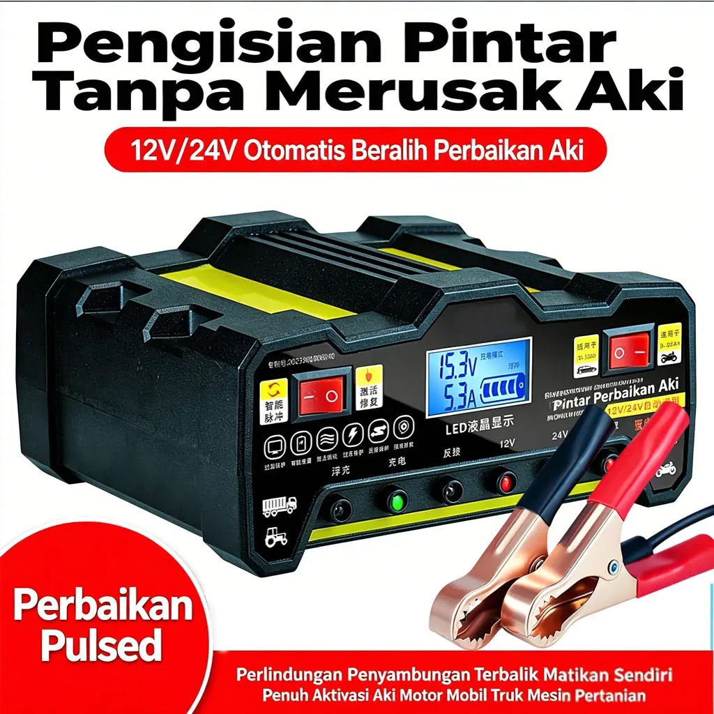 Honey7 12V/24V Charger Otomatis Aki Mobil Motor Kapal Truk Automatic Fast Smart Charger 220Watt