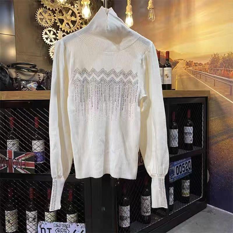 Product Introduction of Solid Color Diamonds Turtleneck  Sweaters Autumn Winter Female Commute Fashion Lantern Sleeve Thick Knitted Jumpers 13